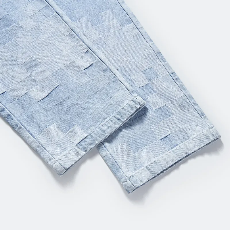 Straight hem and pixel-check panel detail on denim pants style 68071