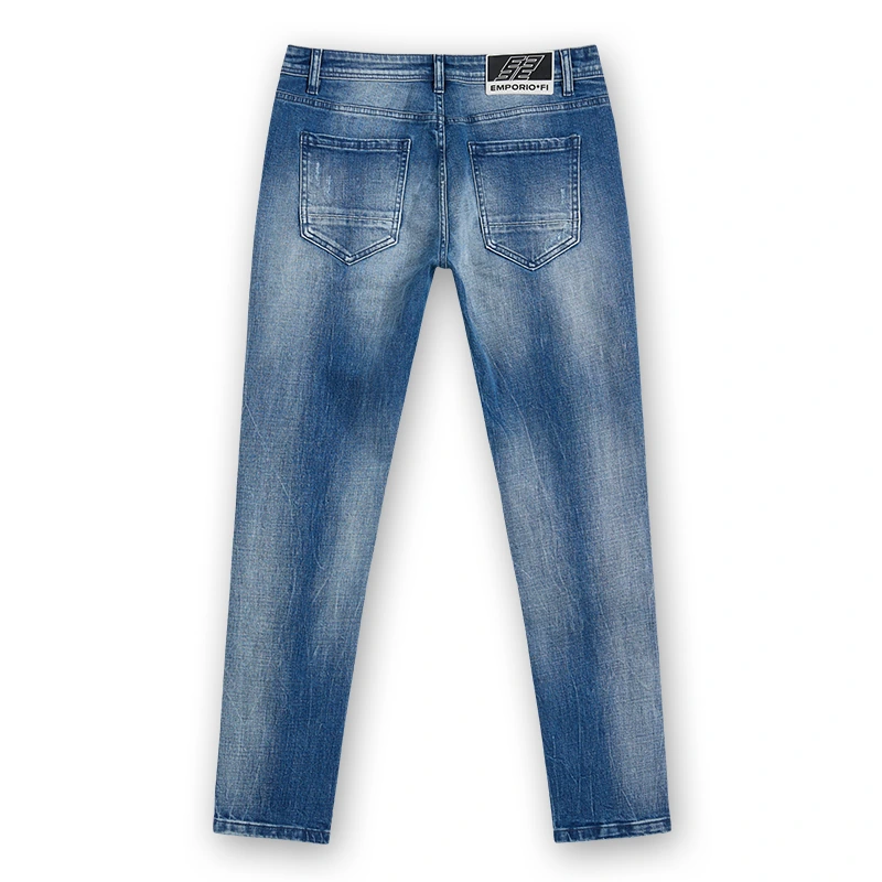 Men's light blue ripped regular-waist slim jeans, back view, style DJSS2611M