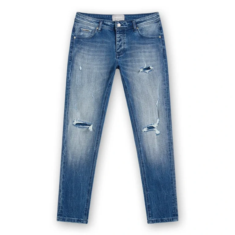 Men's light blue ripped regular-waist slim jeans, front view, style DJSS2611M