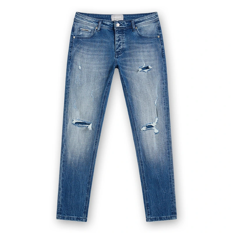 Men's light blue ripped regular-waist slim jeans, front view, style DJSS2611M