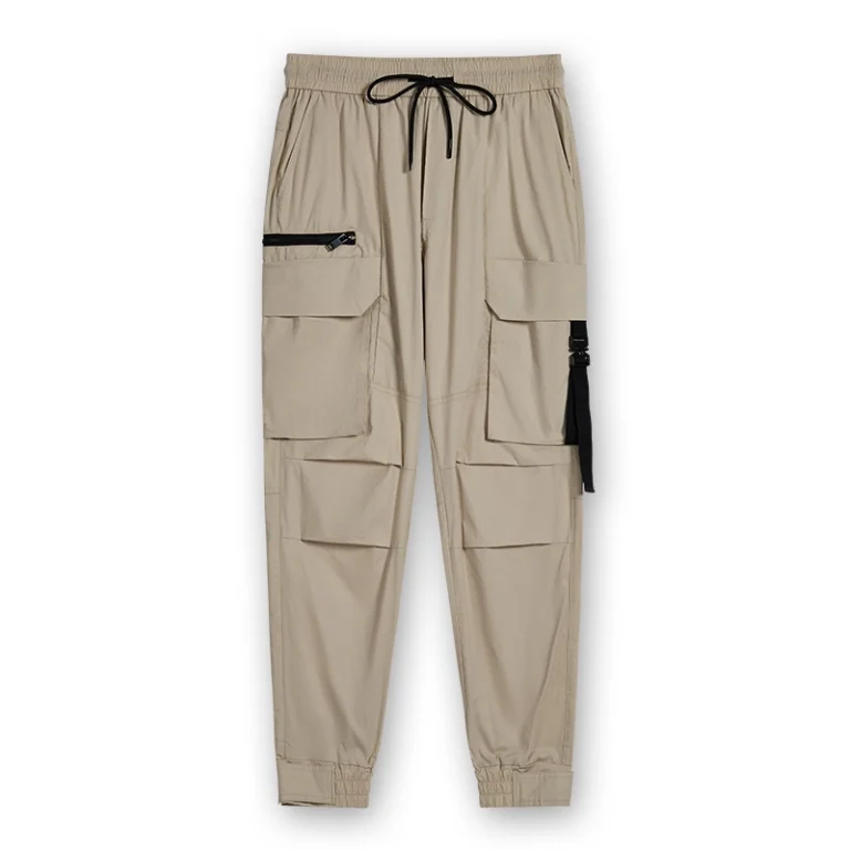 Men's light khaki webbing-detail cargo jogger pants, front view, style 8244003