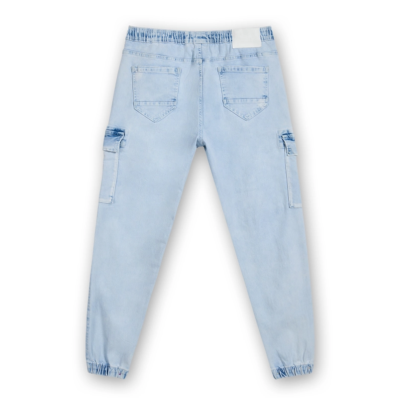 Men's light wash cargo jogger jeans, back view, style 4E813