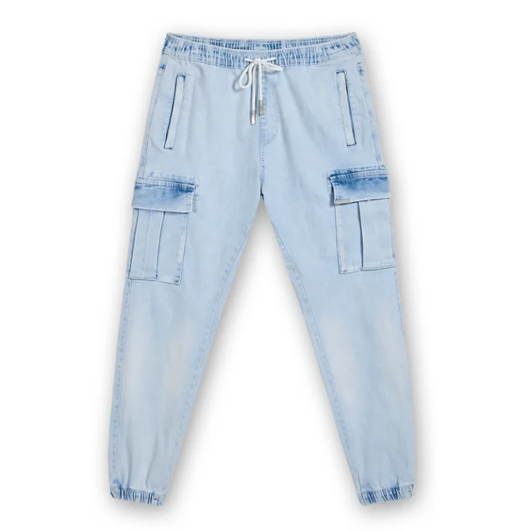 Men's light wash cargo jogger jeans, front view, style 4E813