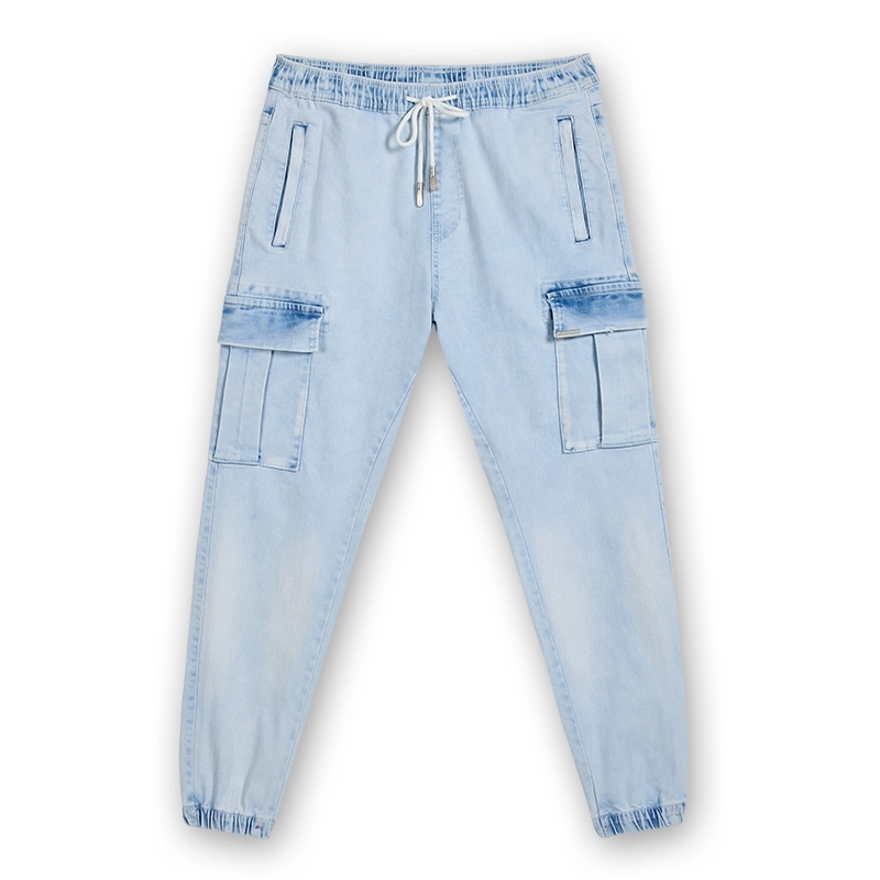 Men's light wash cargo jogger jeans, front view, style 4E813
