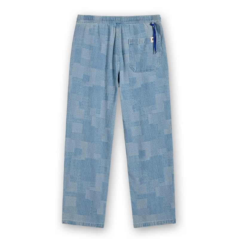 Men's light wash patchwork drawstring denim pants, back view, style 4164556