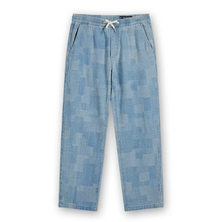 Men's light wash patchwork drawstring denim pants, front view, style 4164556