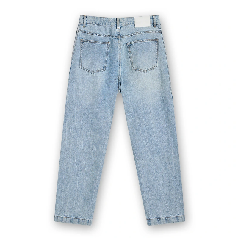 Men's light wash seam-panel straight jeans, back view, style 4D715