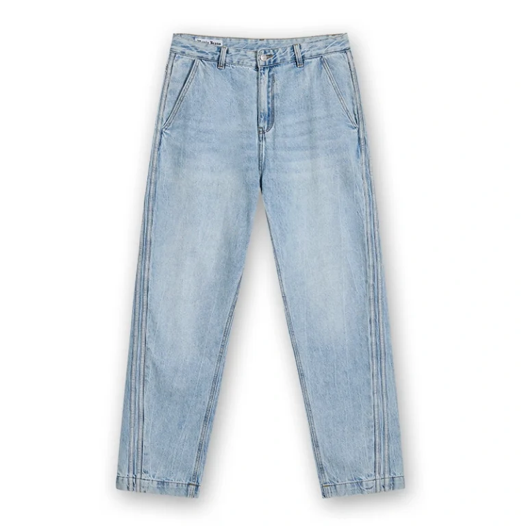 Men's light wash seam-panel straight jeans, front view, style 4D715