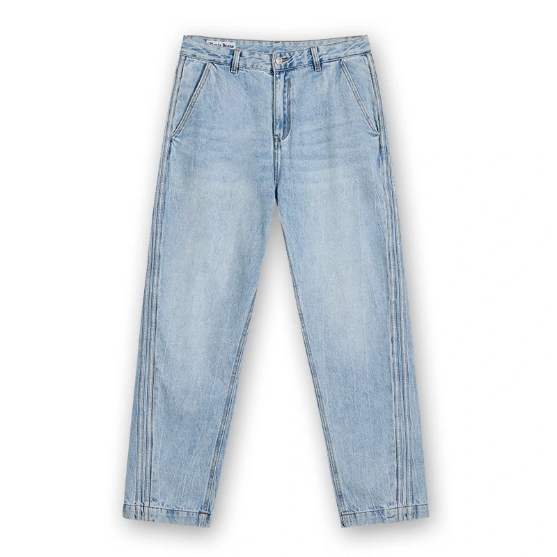 Men's light wash seam-panel straight jeans, front view, style 4D715