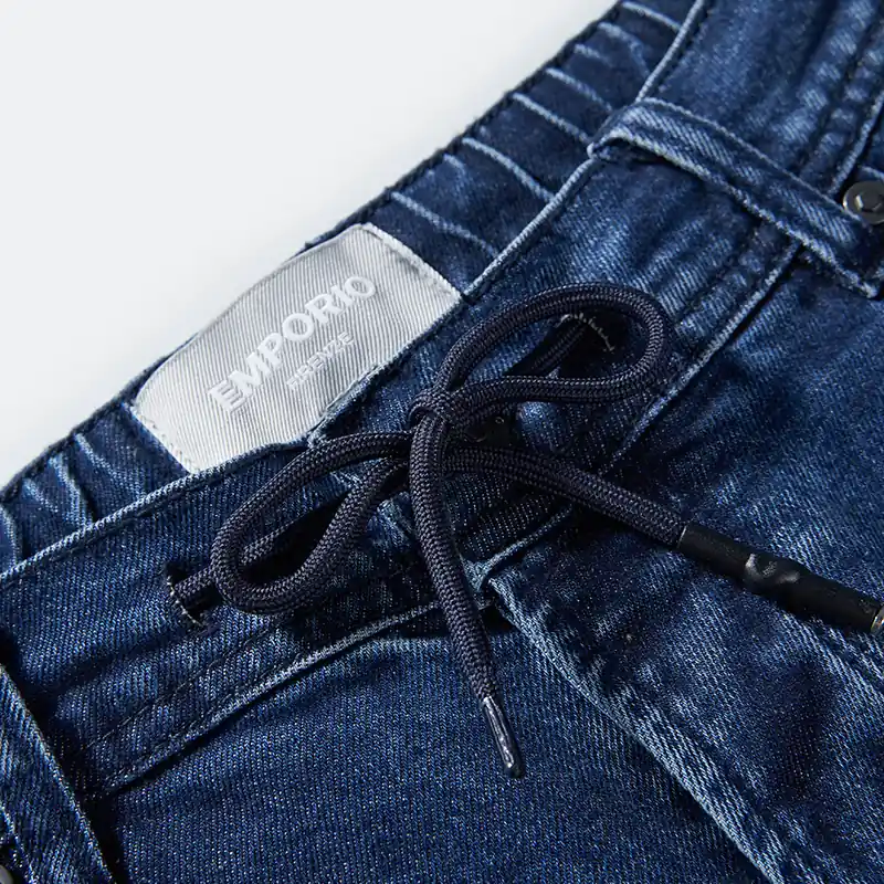 Men's medium blue scratch-detail drawstring slim jeans, adjustable drawstring waist detail, style DJSS2601M