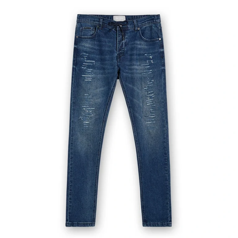 Men's medium blue scratch-detail drawstring slim jeans, front view, style DJSS2601M