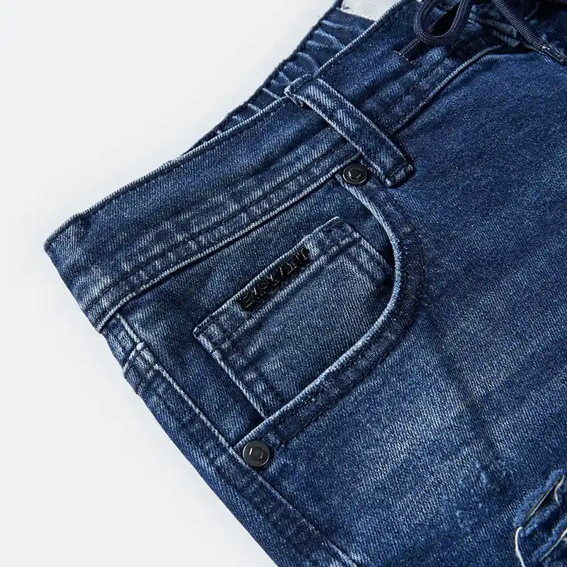 Men's medium blue scratch-detail drawstring slim jeans, front pocket and wash detail, style DJSS2601M