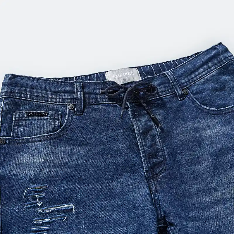Men's medium blue scratch-detail drawstring slim jeans, waist and wash detail, style DJSS2601M