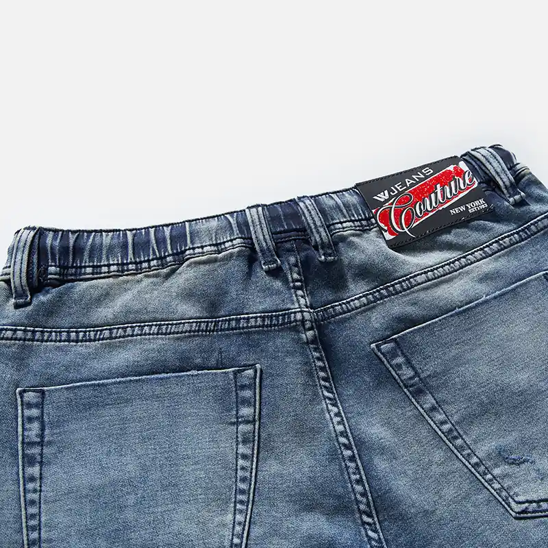 Men's vintage blue drawstring denim Bermuda shorts, back pocket and waist label detail, style S26WJBJ101