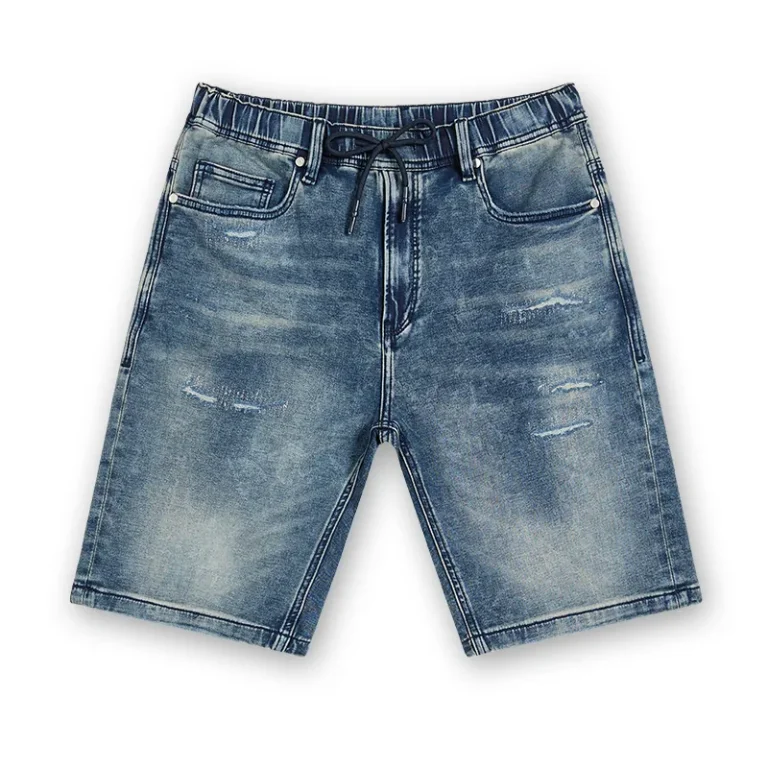 Men's vintage blue drawstring denim Bermuda shorts, front view, style S26WJBJ101