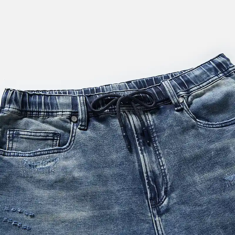 Men's vintage blue drawstring denim Bermuda shorts, waist and wash detail, style S26WJBJ101