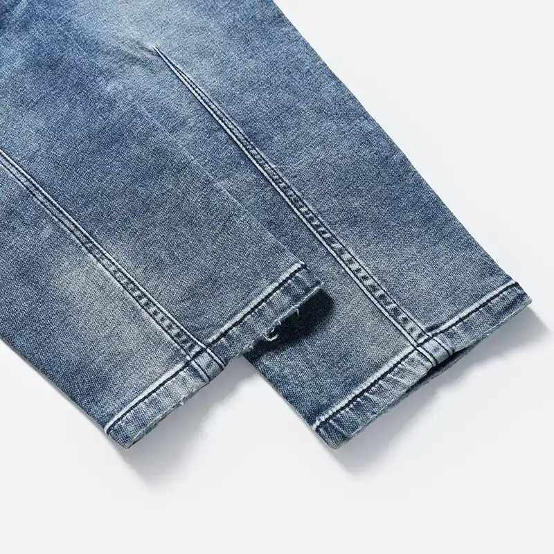 Men's vintage blue drawstring straight-leg jeans, hem and wash detail, style S26WJJ101