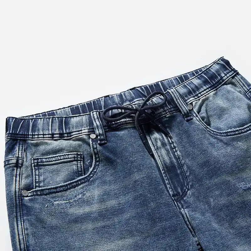 Men's vintage blue drawstring straight-leg jeans, waist and wash detail, style S26WJJ101