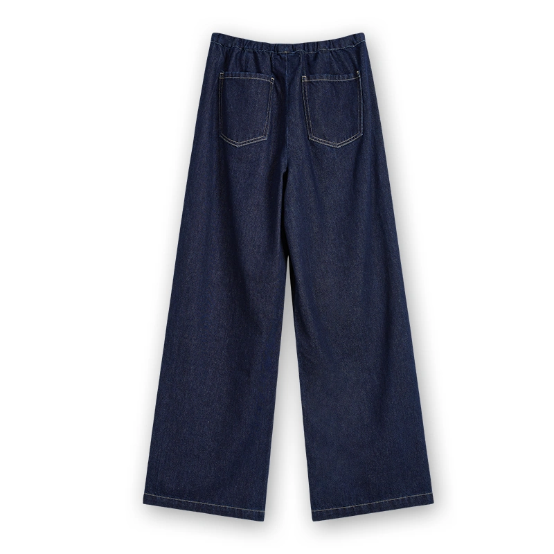 Women's dark indigo drawstring wide-leg jeans, back view, style 57065