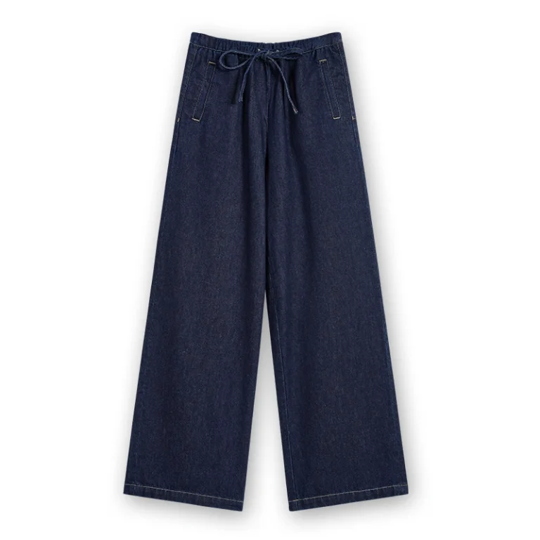 Women's dark indigo drawstring wide-leg jeans, front view, style 57065