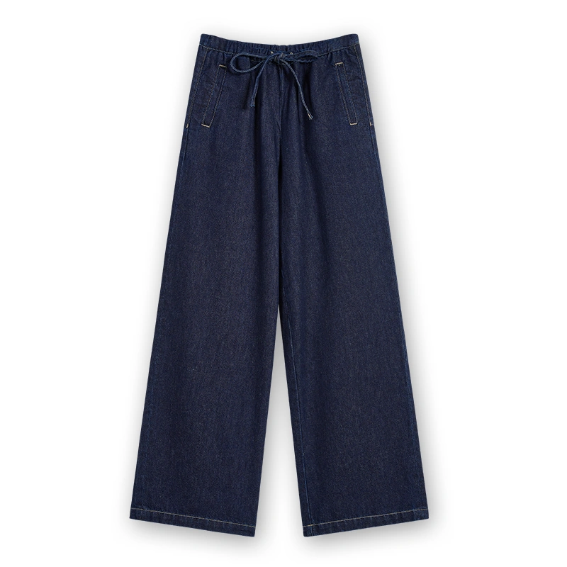 Women's dark indigo drawstring wide-leg jeans, front view, style 57065