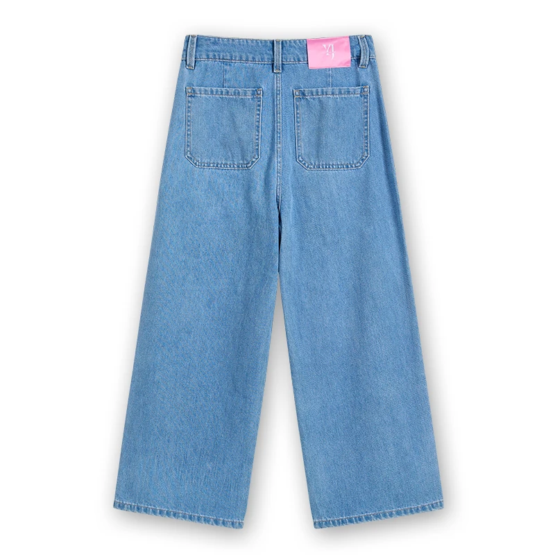Women's light wash button-fly wide-leg jeans, back view, style 58002