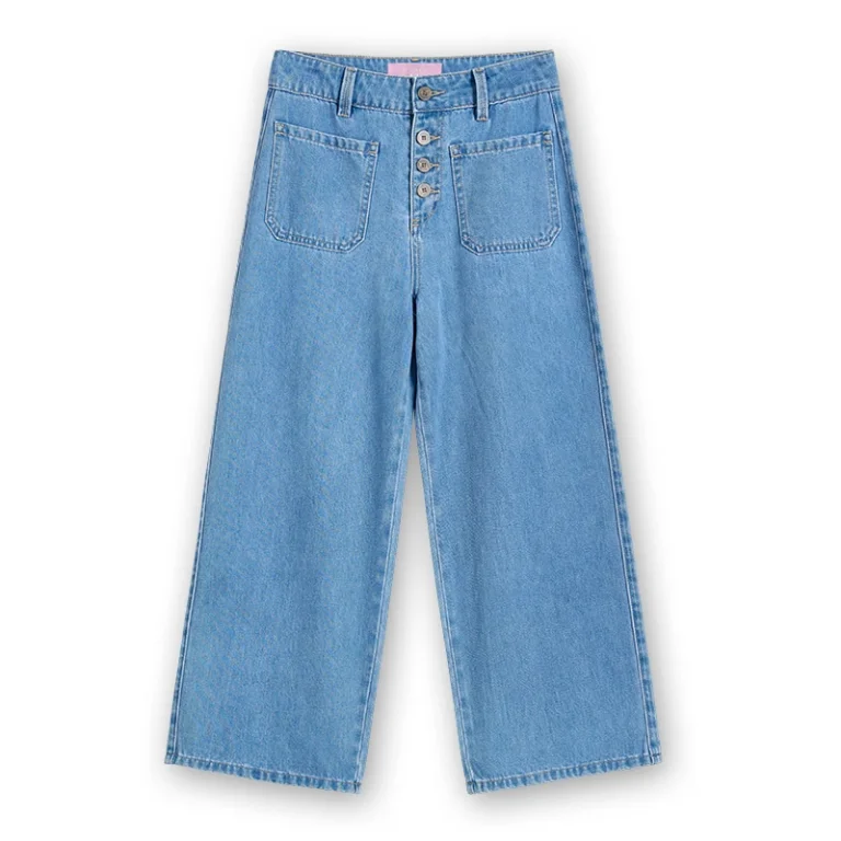 Women's light wash button-fly wide-leg jeans, front view, style 58002