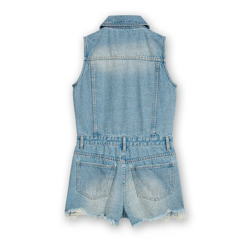 Women's light wash sleeveless denim romper, back view, style 56162