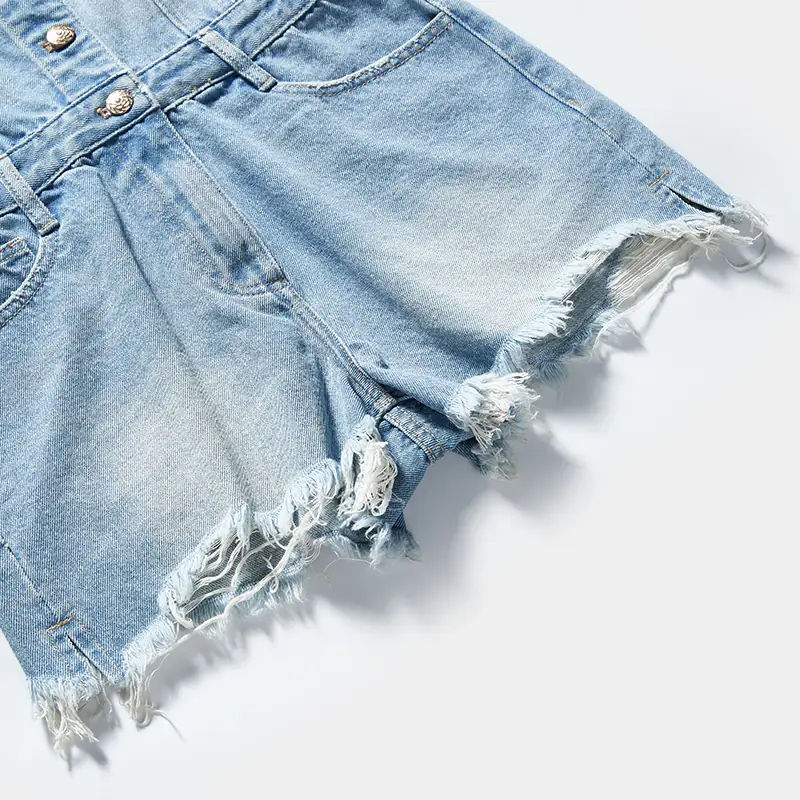 Frayed short hem detail on light wash denim romper style 56162