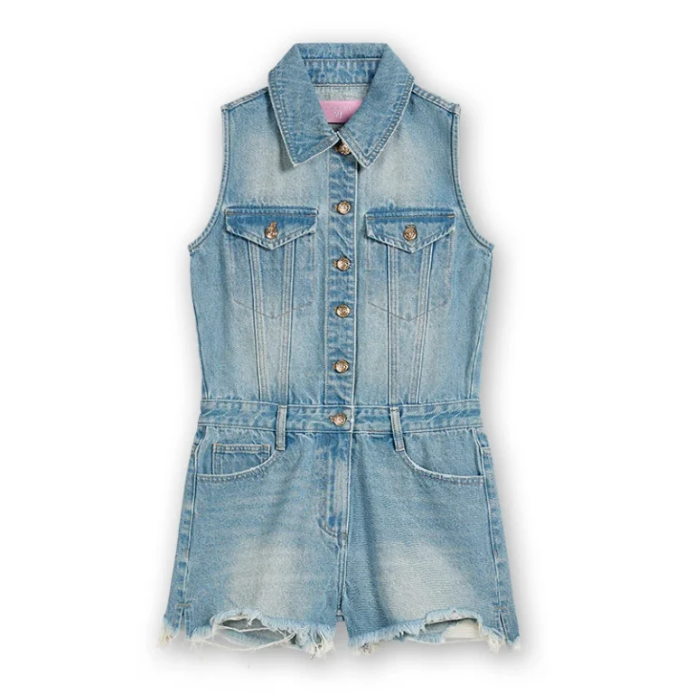 Women's light wash sleeveless denim romper, front view, style 56162